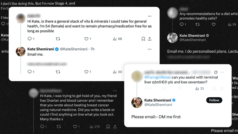 Comentários de Kate Shemirani incentivam as pessoas a entrar em contato com ela – incluindo pacientes com câncer