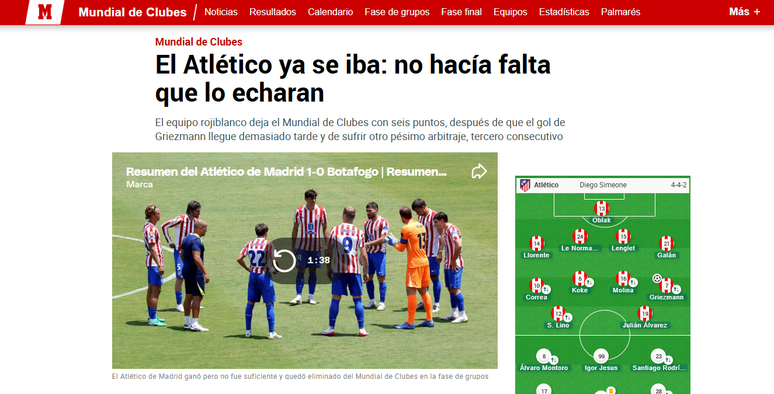 Jornal 'Marca' reclama de arbitragem em Atlético de Madrid x Botafogo