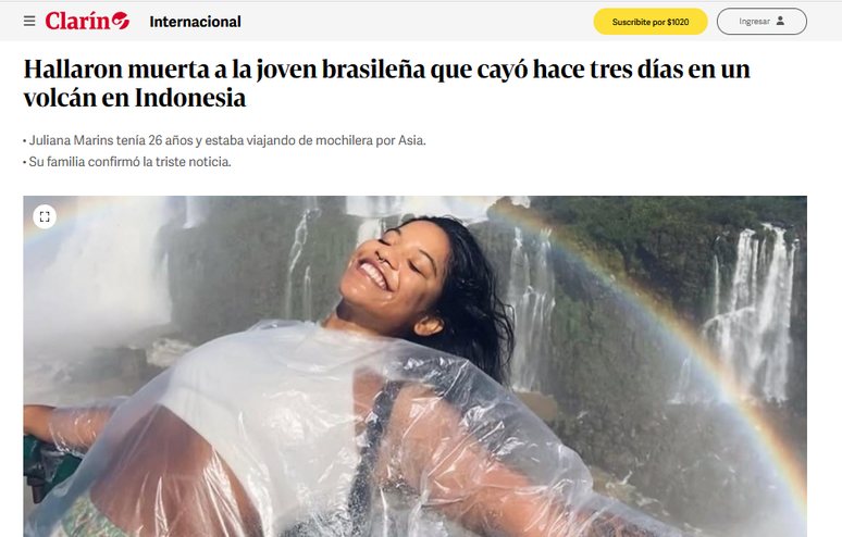 "A jovem brasileira que caiu há três dias em um vulcão na Indonésia foi encontrada morta'
