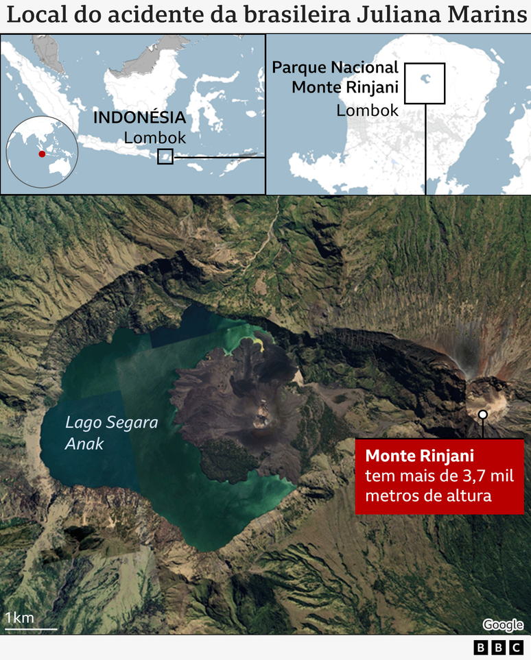 Mapa mostra Monte Rinjani onde a turista brasileira Juliana Marins se acidentou