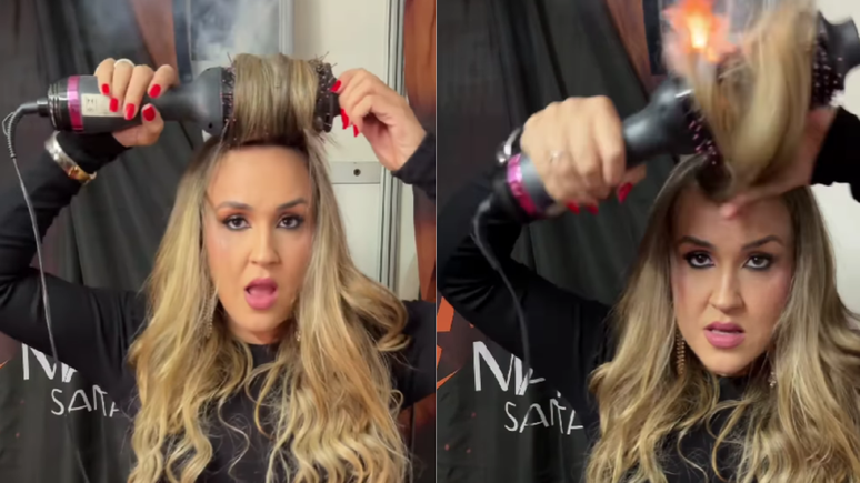 The modeling brush captures the fire and burns the hair singers before the show in Sergipe; See video