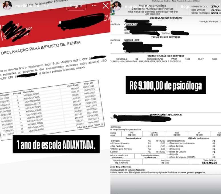Murilo Huff compartilhou comprovantes de pagamentos de despesas com o filho