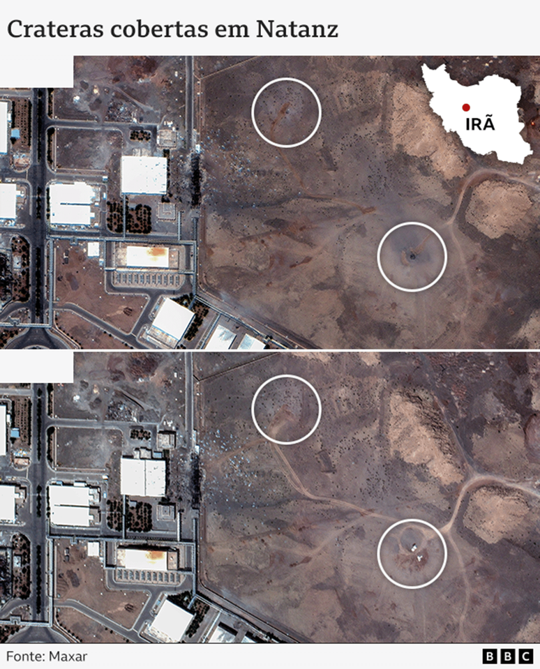 Imagens de sat&eacute;lite da Maxar mostram a instala&ccedil;&atilde;o nuclear de Natanz, em 22 de junho de 2025 (com crateras causadas pelos bombardeios americanos) e 24 de junho (as crateras aparentemente cobertas)