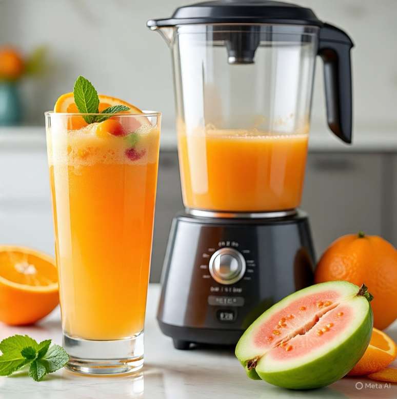 The guava juice with orange and mint beat the guava pulp with natural orange juice in a blender and fresh mint leaves. Filter if you want and serve cold for a citrus and aromatic flavor.