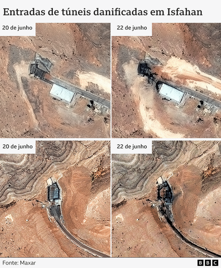 Quatro imagens de sat&eacute;lite da Maxar mostram a instala&ccedil;&atilde;o nuclear de Isfahan, entre 20 de junho e 22 de junho de 2025