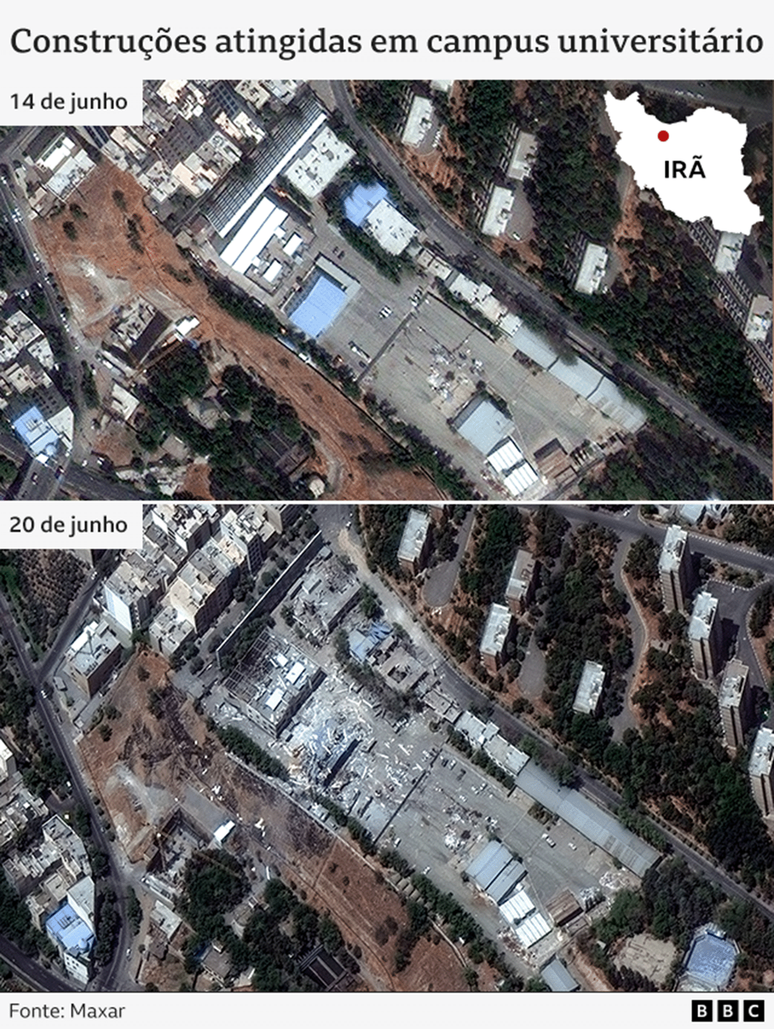 Imagens de sat&eacute;lite da Maxar mostram danos a constru&ccedil;&otilde;es da Universidade Shahid Rajaee