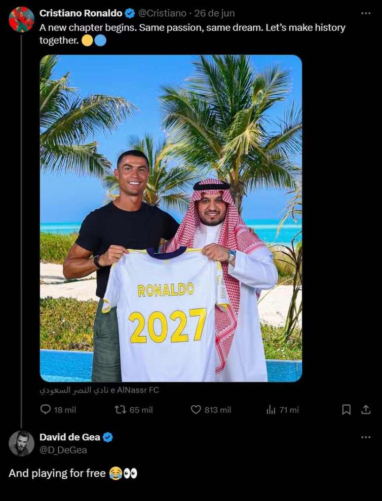 De Gea em postagem de Ronaldo &ndash;