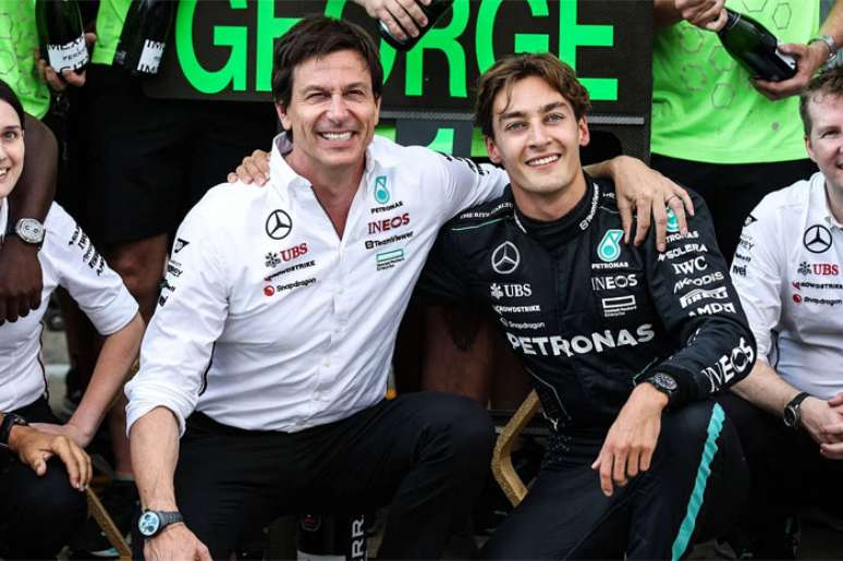 Toto Wolff e George Russell em celebração na Áustria 2024