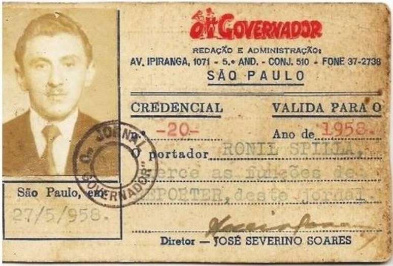 Carteira profissional de Ronil Spilla, fundador do jornal José Bonifácio em Notícias. Em 1958, era repórter do jornal O Governador.