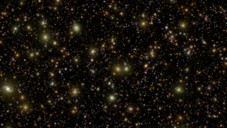 Simulação de um conjunto de galáxias usando o PhoSim: programa permite simular como os fótons viajam pela atmosfera e instrumentos de telescópios para produzir imagens "falsas" do céu que podem ser usadas para ajudar a treinar programas que vão analisar as imagens reais dos observatórios John Peterson/Purdue