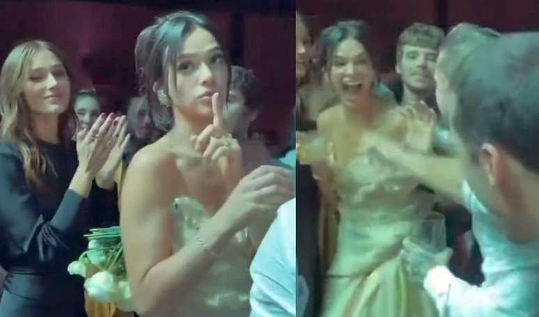 Bruna Marquezine fez de tudo para pegar o buquê do casamento de Giovanna Lancellotti e Gabriel David.