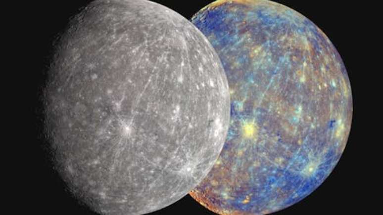 Mercúrio visto pela sonda Messenger (à esquerda) e uma aproximação de como seria visto pelo olho humano (à direita): descoberta pode ser uma janela para entender a composição e evolução do planeta mais próximo do Sol NASA/Johns Hopkins University Applied Physics Laboratory/Carnegie Institution of Washington