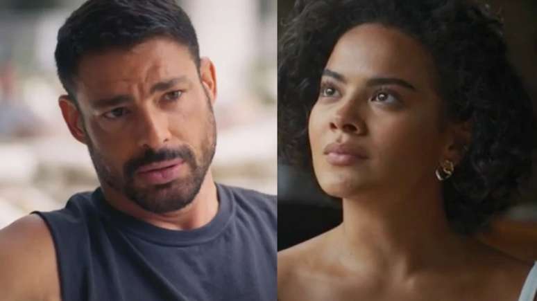 César (Cauã Reymond) e Maria de Fátima (Bella Campos) em 'Vale Tudo'