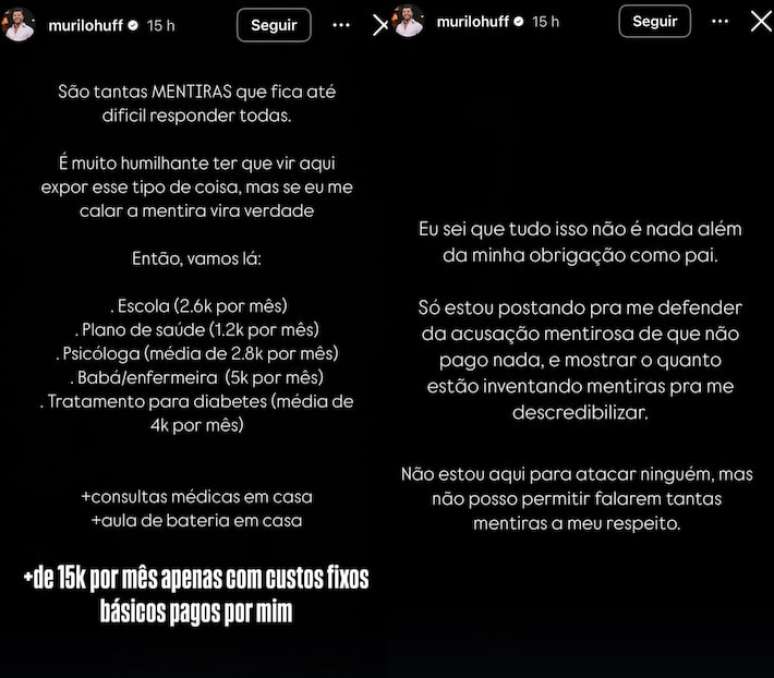 Desabafo de Murilo Huff ap&oacute;s Dona Ruth o acusar de n&atilde;o pagar pens&atilde;o ao filho com Mar&iacute;lia Mendon&ccedil;a