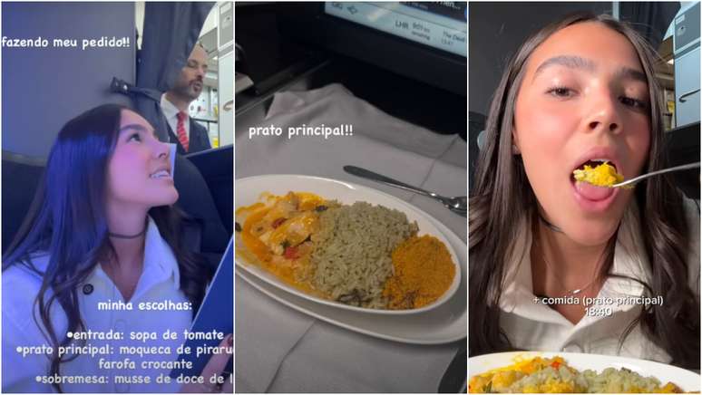 Duda Guerra  mostra detalhes de menu servido em classe executiva de voo internacional