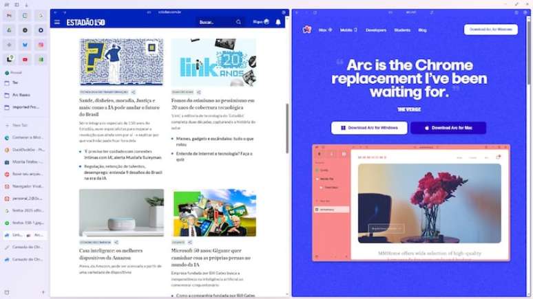 O Arc aposta em uma interface radicalmente diferente, com uma barra lateral que organiza abas em grupos, pastas e perfis.