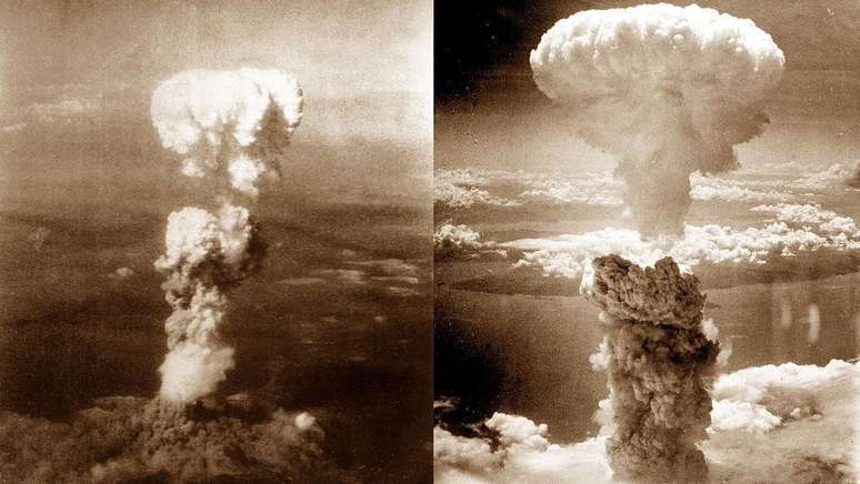 Durante a Segunda Guerra Mundial, os EUA lançaram bombas nucleares nas cidades japonesas de Hiroshima (à esquerda) e Nagasaki (à direita) com efeitos devastadores