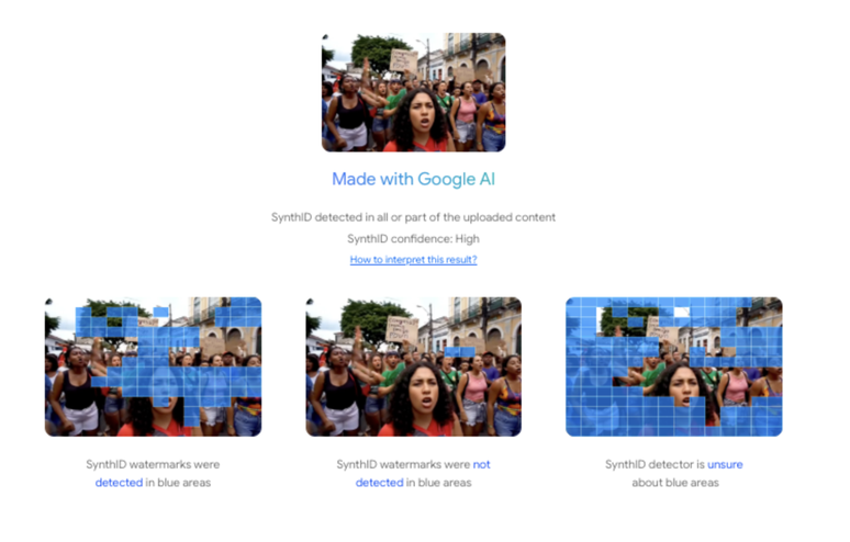 Reprodução de tela com o resultado da análise de frame do vídeo investigado feita com o SynthID, ferramenta do Google para detectar imagens criadas por IA.