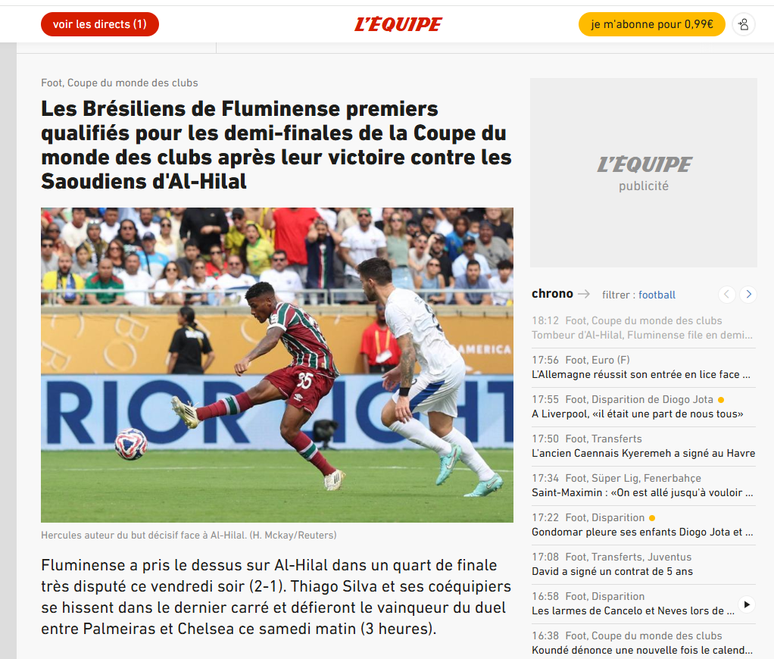 L'&Eacute;quipe destaca classifica&ccedil;&atilde;o do Fluminense no Mundial