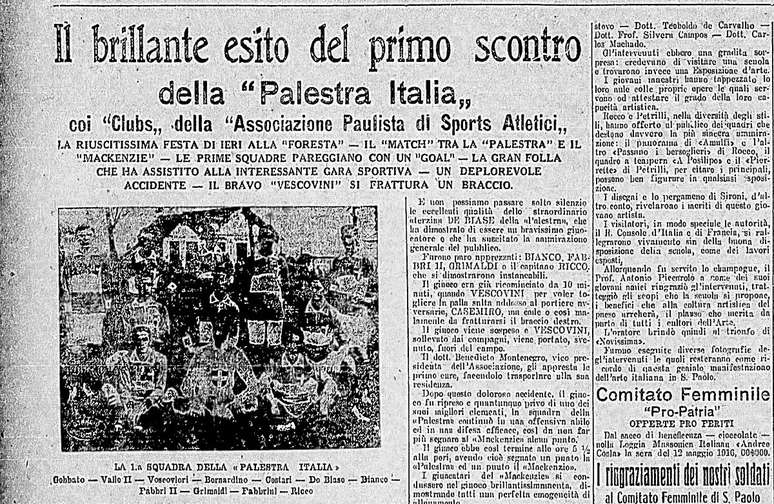 Reprodução da notícia da primeira partida em campeonato oficial: Palestra Italia venceu o Mackenzie.
