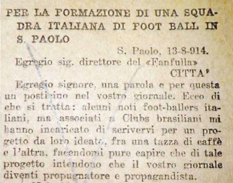 Reprodução de trecho da carta enviada ao jornal Fanfulla propondo a criação de um time de futebol da colônia italiana.