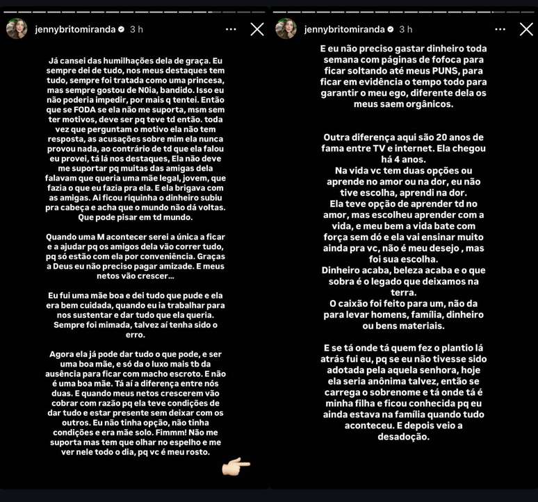 Jenny Miranda se revolta e detalha relação conturbada com a filha, Bia Miranda