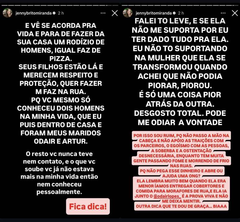 Jenny Miranda se revolta e detalha relação conturbada com a filha, Bia Miranda