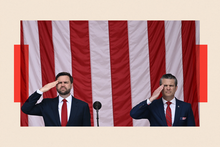 Pete Hegseth, à direita, chamou líderes europeus de "aproveitadores" em mensagens vazadas, enquanto JD Vance, à esquerda, disse que os EUA não seriam mais o garantidor da segurança europeia