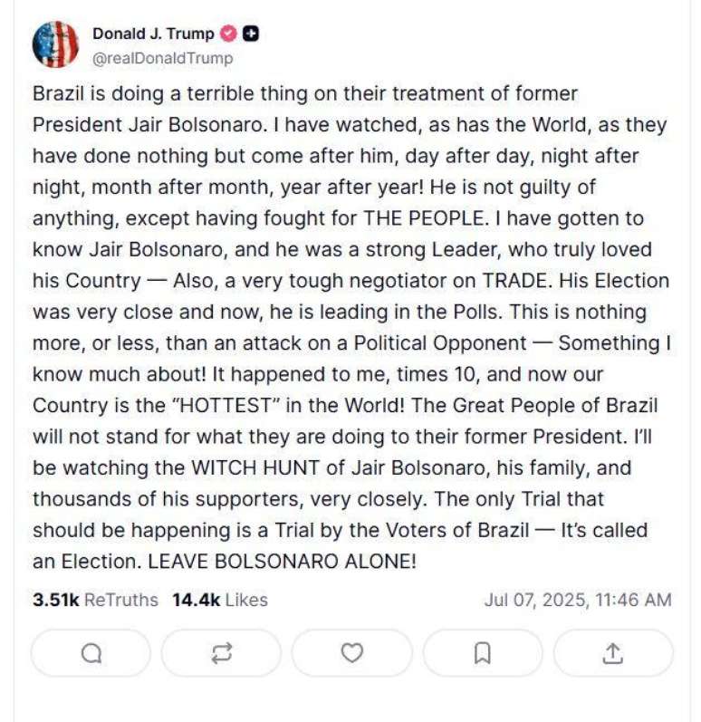 Trump fez publica&ccedil;&atilde;o no Truth Social dizendo que h&aacute; 'ca&ccedil;a &agrave;s bruxas' contra Bolsonaro'