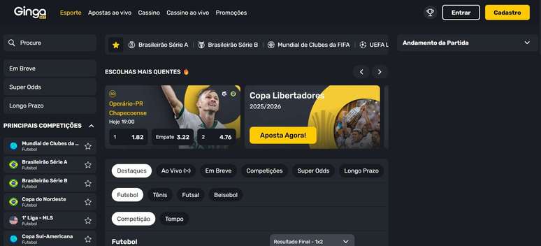 Catálogo de apostas esportivas é extenso na GingaBet
