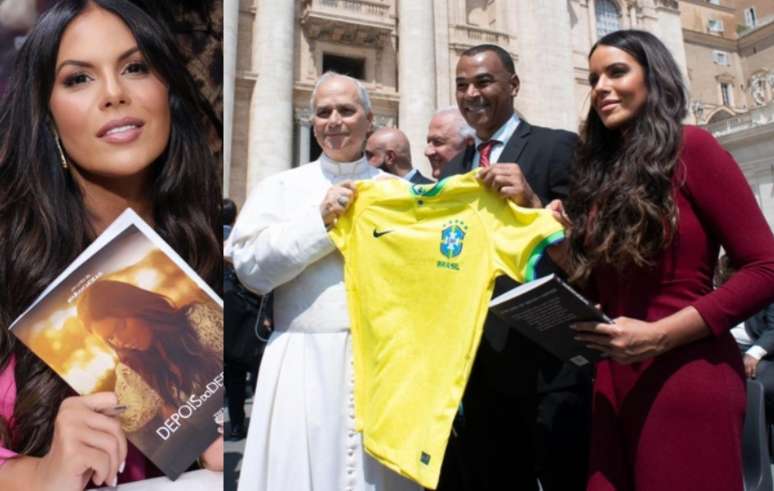 Mariah Morais with his book; The couple also presented the Pope with a Brazilian team shirt