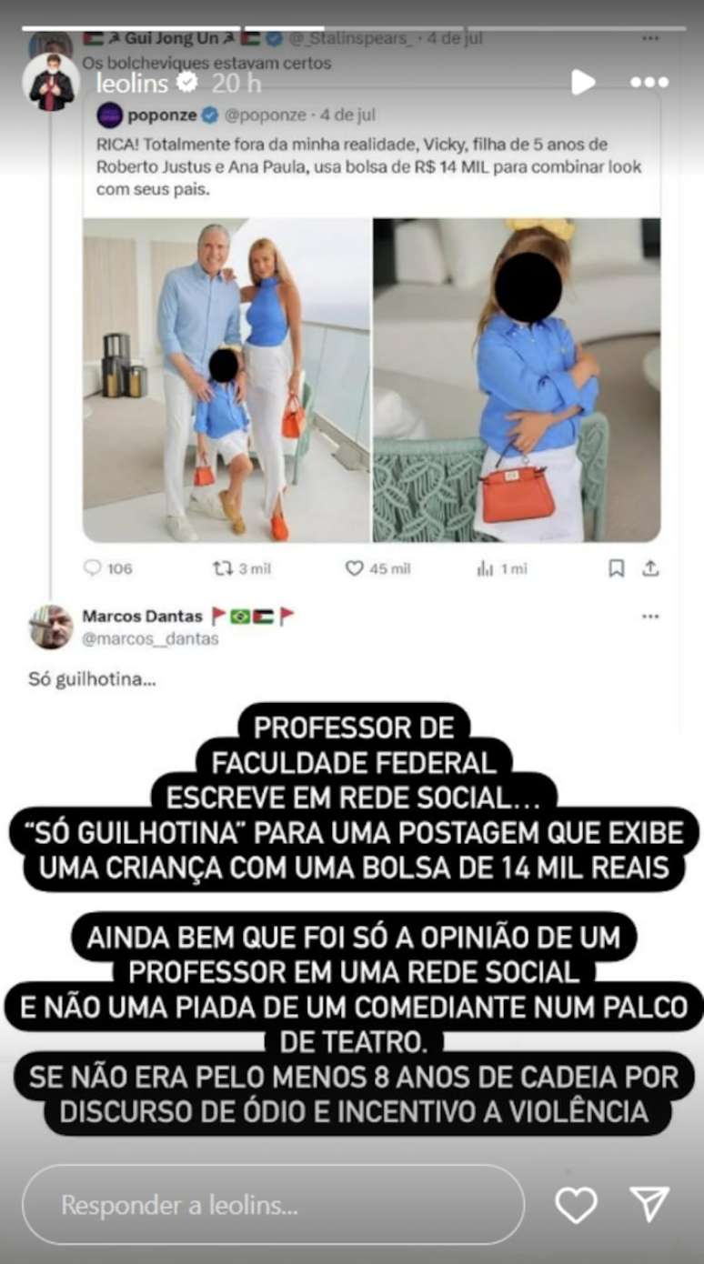 Comediante ironizou repercuss&atilde;o de fala pol&ecirc;mica sobre filha de Roberto Justus