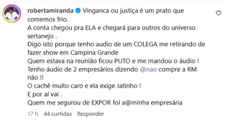 Post Roberta Miranda (Reprodução/Instagram)