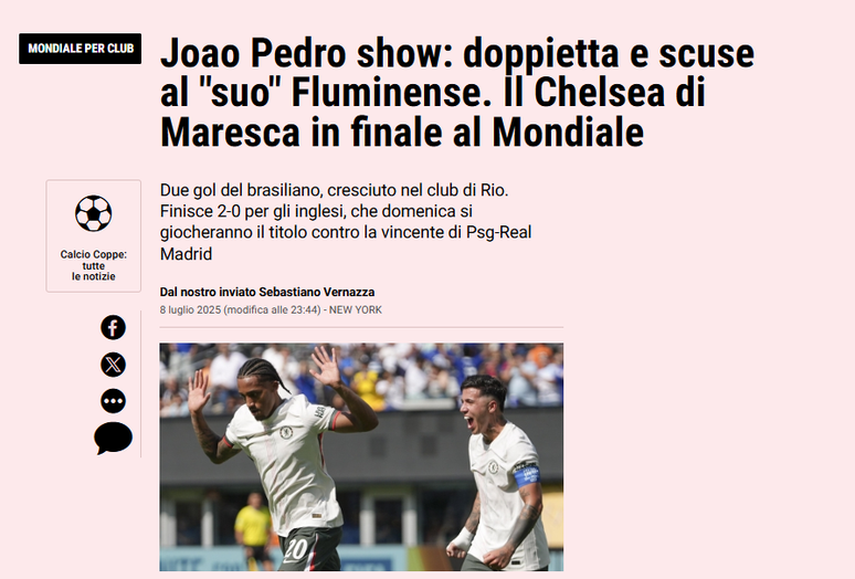 Gazzetta dello Sport destaca vitória do Chelsea sobre o Fluminense no Mundial