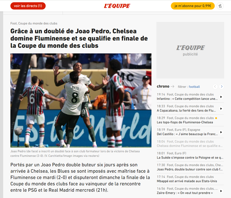 L'Équipe destaca vitória do Chelsea sobre o Fluminense no Mundial