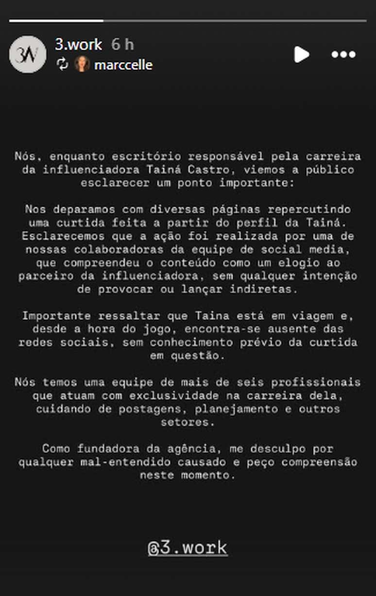 Post da equipe de Tainá Castro —