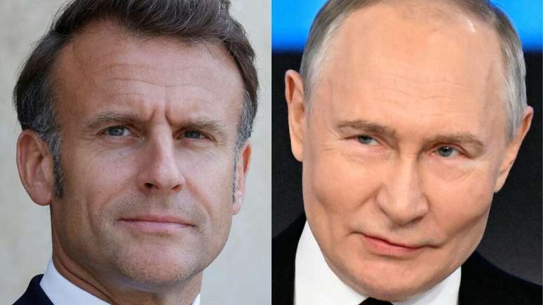 Montagem de fotos mostra o presidente francês Emmanuel Macron (à esquerda) e seu colega russo Vladimir Putin (à direita).