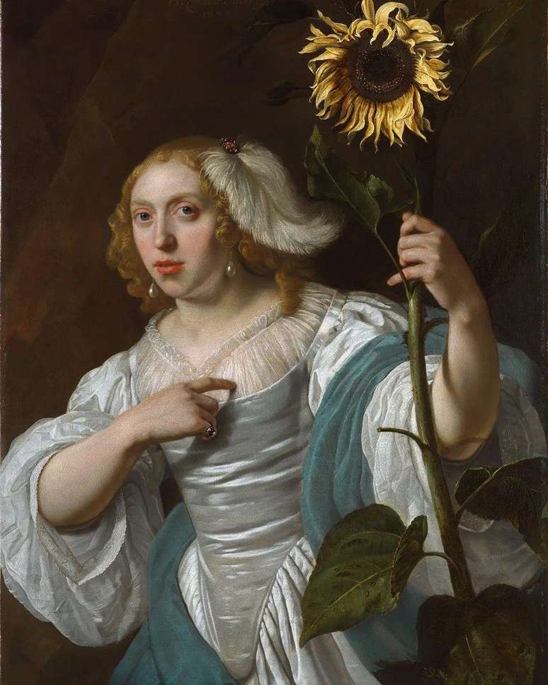 No quadro Jovem mulher segurando um girassol, de Bartholomeus Van der Helst, a flor quase certamente representa o casamento da mulher