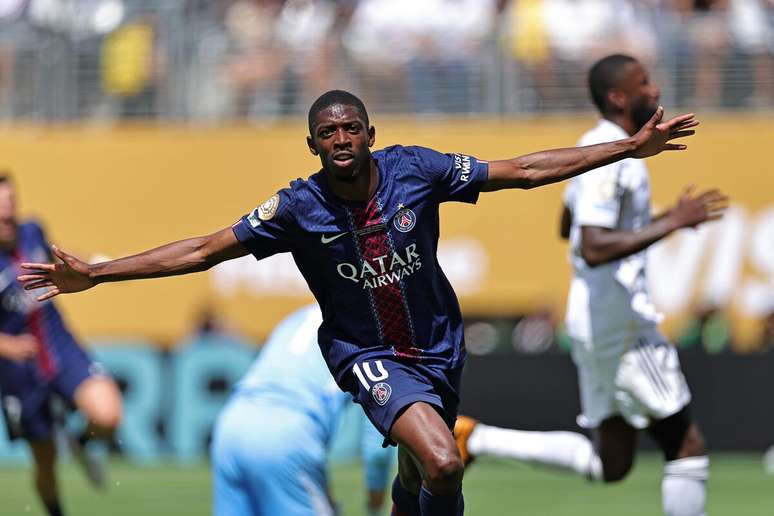 Ousmane Dembélé (PSG) celebrando seu gol contra o Real Madrid, no dia 09.07.2025 