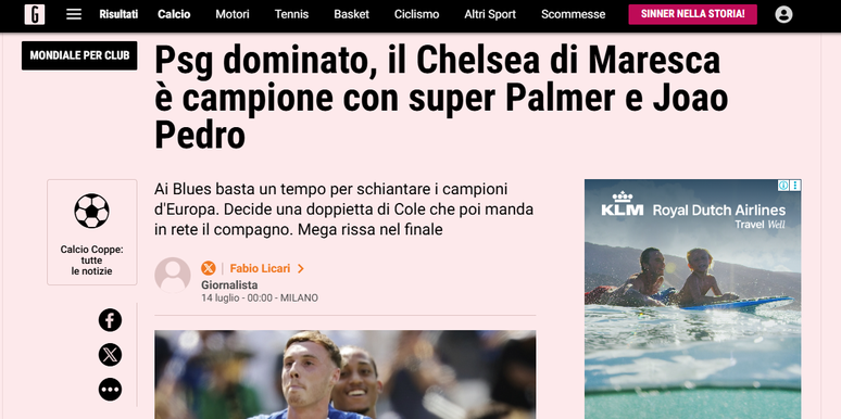 Gazzetta dello Sport reverberates Chelsea's victory over PSG in the World Cup final Gazzetta dello Sport reverberates Chelsea's victory over PSG in the World Cup final