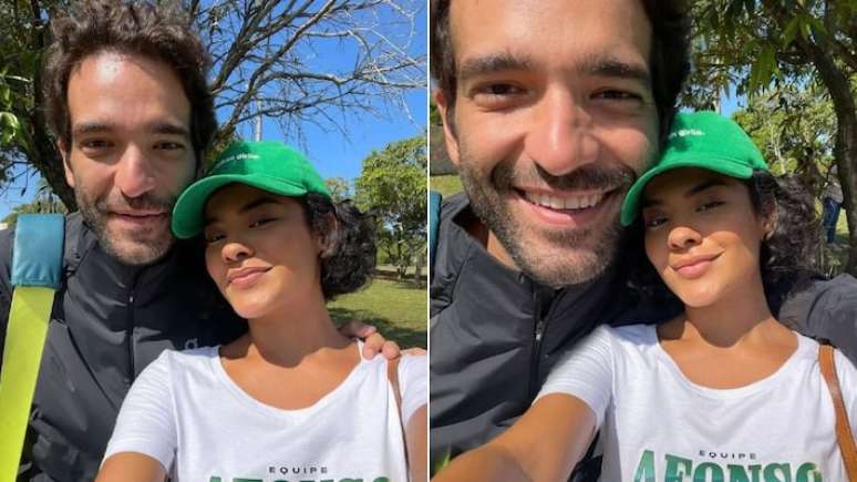 A primeira foto (à esq) é original, postada por Fátima (Bella Campos) com Afonso (Humberto Carrão). A segunda imagem é um dos memes que fizeram com a cabeça do ator