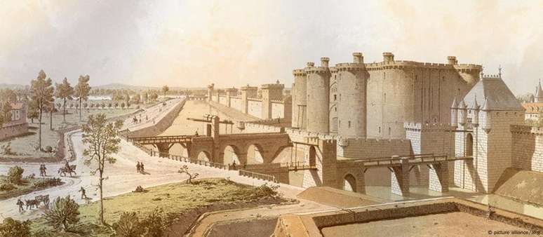 Litografia da prisão da Bastilha, construída entre 1368 e 1382 e destruída pela Revolução Francesa em 1789