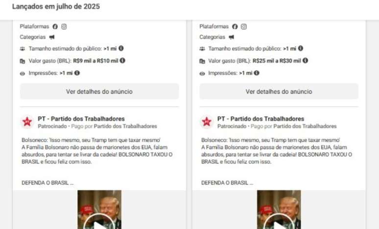 Biblioteca de an&uacute;ncios mostra que a publica&ccedil;&atilde;o foi impulsionada duas vezes e custar&aacute; pelo menos R$ 34 mil para o partido.