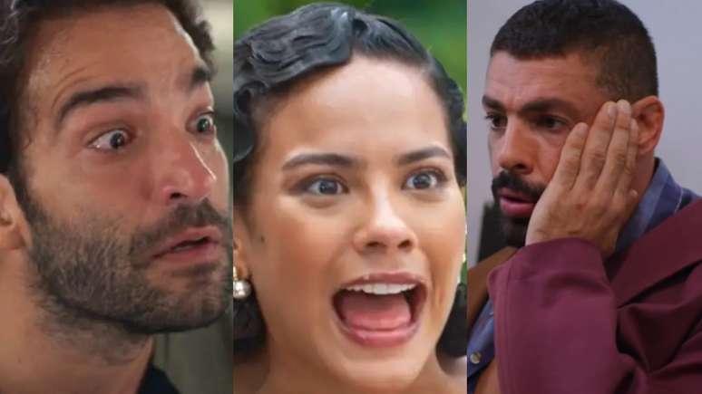 Afonso (Humberto Carrão), Fátima (Bella Campos) e César (Cauã Reymond) de Vale Tudo