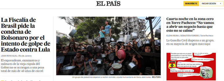 A homepage do El País, em que o pedido da PGR de condenação de Bolsonaro está em destaque