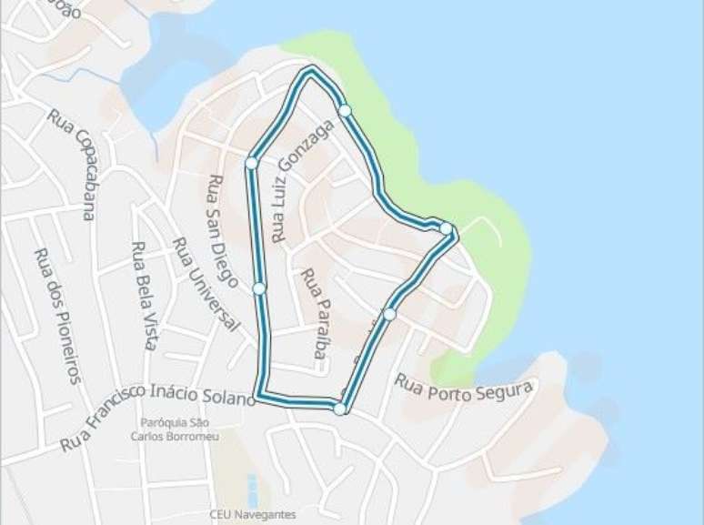 Trajeto da linha 606C/10 Cantinho do Céu – Circular, que tem exatamente 1.400 metros de extensão às margens da represa Billings.