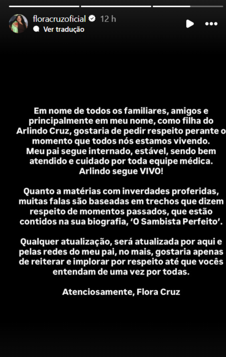 Flora Cruz fez desabafo em rede social