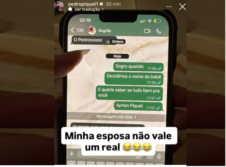 Pedro Piquet compartilhou brincadeira de sua esposa, mas apagou o post em seguida