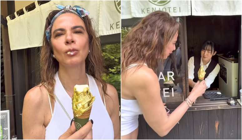 Luciana Gimenez experimenta sorvete coberto com folha de ouro no Japão