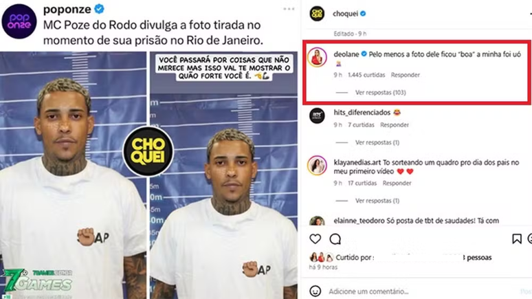 Deolane Bezerra compara foto presa com a de Poze do Rodo e brinca